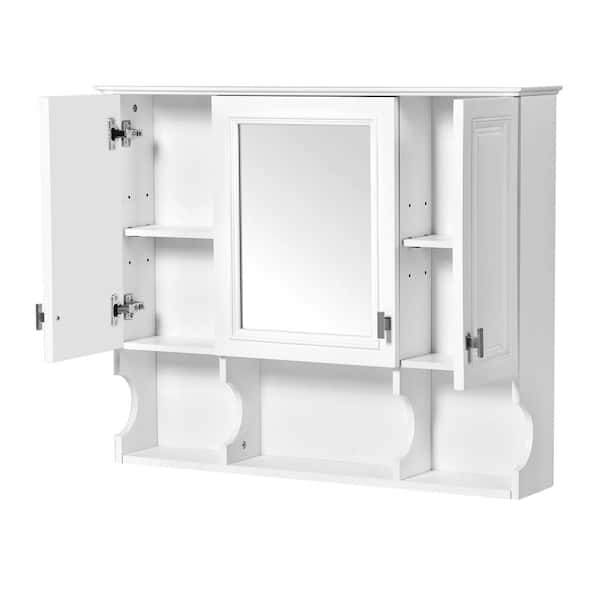 35 in. W x 7.3 in. D x 28.7 in. H  Wall Mounted Bathroom Storage Cabinet in White with Mirror and Open Shelves