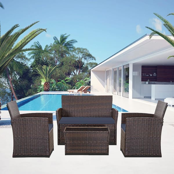 Unbranded Brown 4-Piece Wicker Outdoor Patio Sectional Sofa Set with Dark Blue Cushions