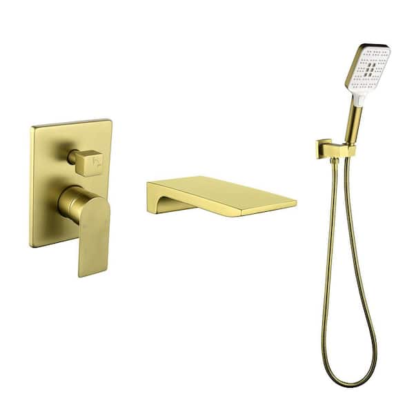 1-Handle 2.5 GPM 3-Spray Tub and Shower Faucet, Showerhead and 3.7'' Waterfall Tub Spout, Brushed Gold, Valve Included