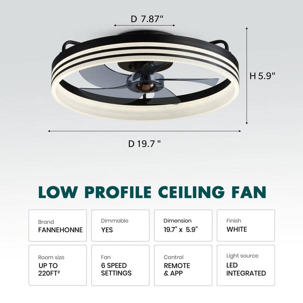 20" Black Aluminum Low Profile Ceiling Fan with Integrated LED Light and Remote