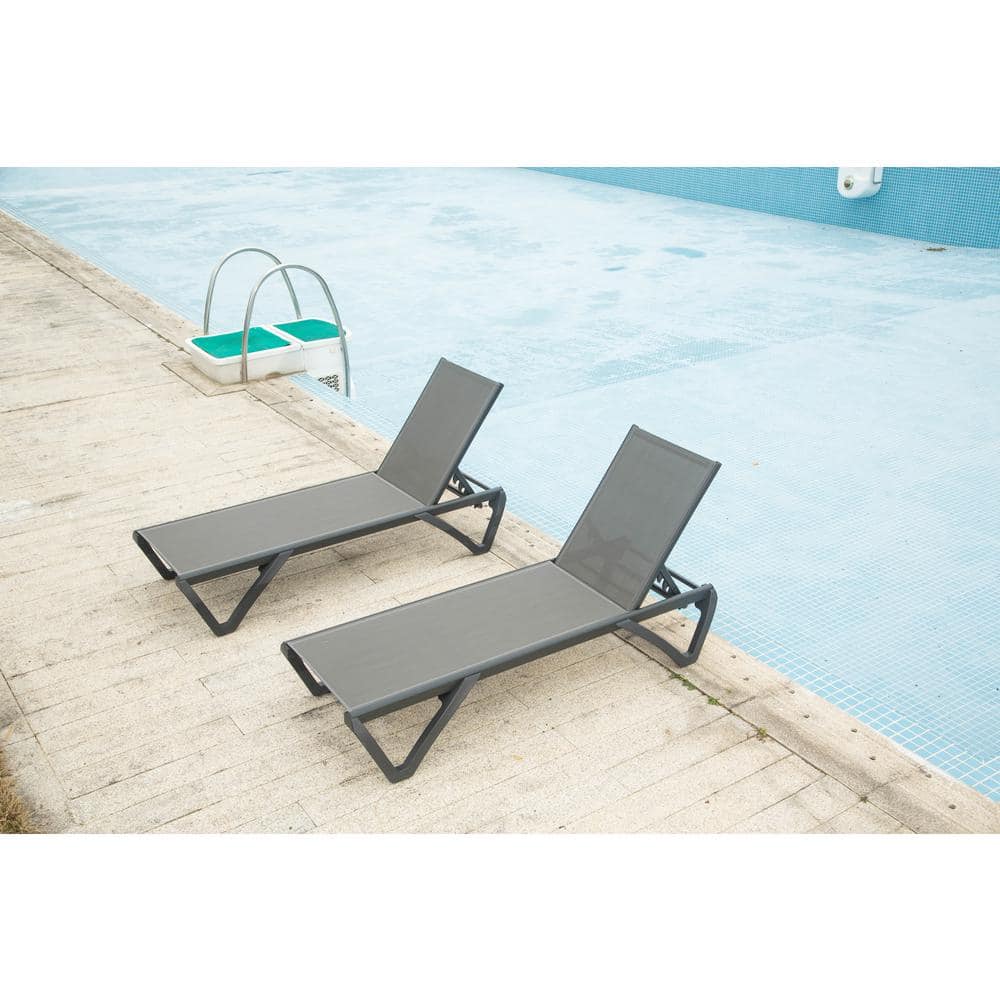 2-Pieces Outdoor Patio Loungers, Aluminum with Adjustable Backrest, Gray Po