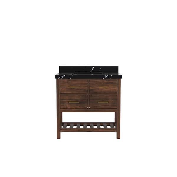 Willow Collections Parket Teak 36 in. W x 22 in. D x 36 in. H Single Sink Bath Vanity Center in Dark Walnut w/Calacatta Black Quartz Top