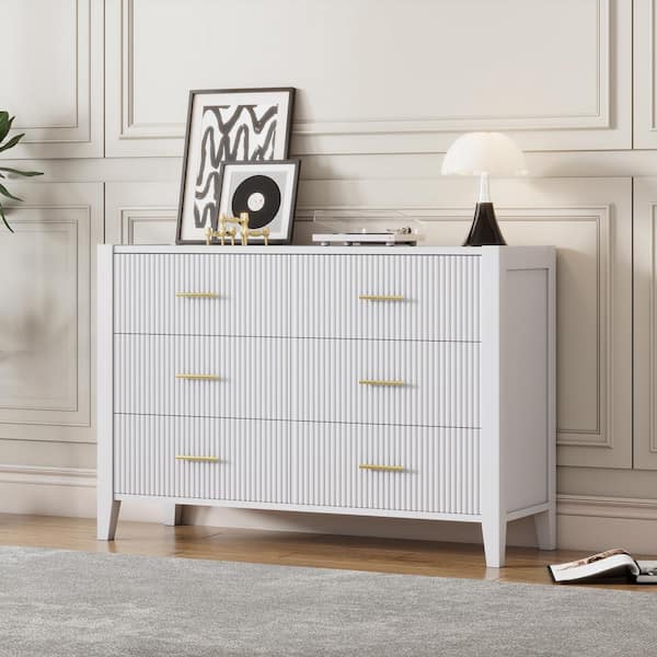 Harper & Bright Designs White 6-Drawer 48 in. Wide Dresser with Metal Handles, Storage Cabinet with Vertical Stripe Finish Drawer