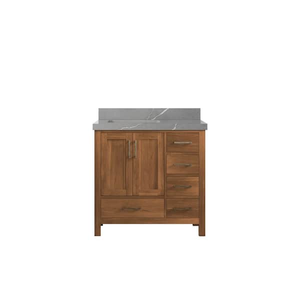 Willow Collections Malibu Teak 36 in. W x 22 in. D x 36 in. H Left Offset Sink Bath Vanity in Gold Teak with 2" Piatra Quartz Top