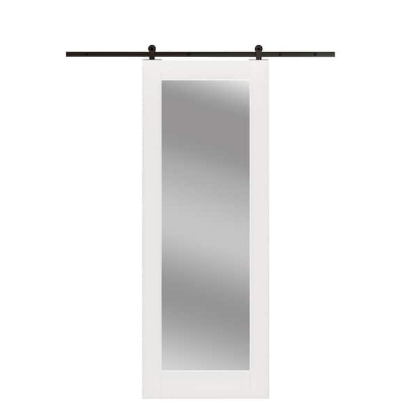 EH PUERTA 24 in. x 80 in. 1-Lite Mirrored Glass White Primed MDF Wood Sliding Barn Door with Hardware Kit