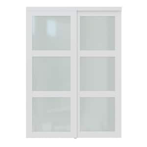 60 in. x 80 in. 3-Lite Frosted Glass White Primed MDF Interior Closet Sliding Door with Hardware