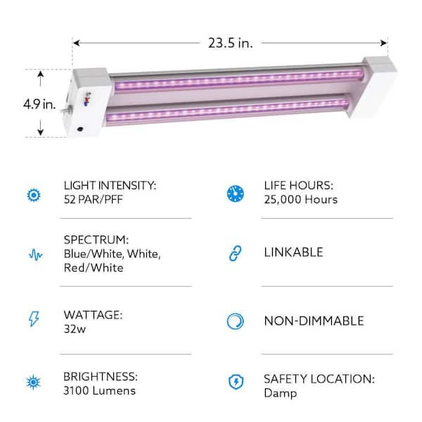 2 ft. 32-Watt White LED 3 Adjustable Spectrum Linkable Plant Grow Light Fixture