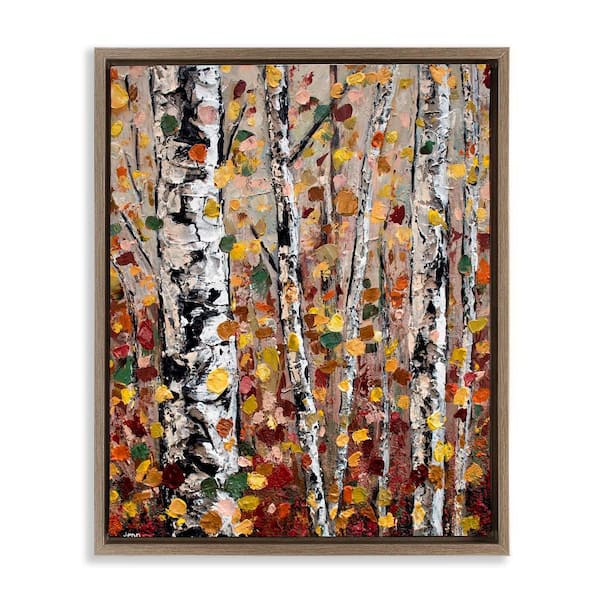Stupell Industries Autumn Birch Trees Abstract Leaves by Jen Seeley 1-Piece Brown Floater Frame Nature Graphic Art Print 17 in. x 21 in.