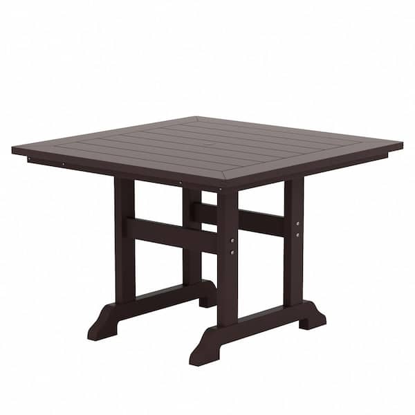 WESTIN OUTDOOR Hayes 43 in. All Weather HDPE Plastic Square Outdoor Dining Trestle Table with Umbrella Hole in Dark Brown