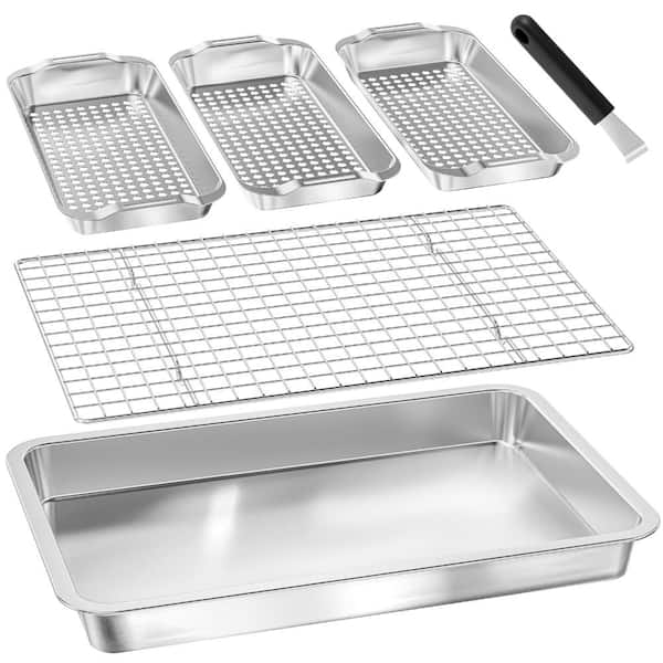 Stainless Steel 6-Piece Outdoor Grill Basket Set with 16.5 in. Grill Pan, Cooling Rack and Handle