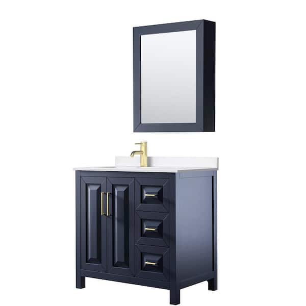 Wyndham Collection Daria 36 in. W x 22 in. D x 35.75 in. H Single Bath Vanity in Dark Blue with White Quartz Top and Mirror