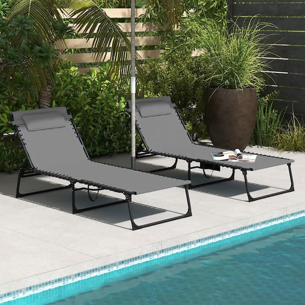 Siavonce Outdoor Folding Steel Lawn Chair Set with 5-Level Adjustable Backrest, Side Pockets and Headrest, Gray