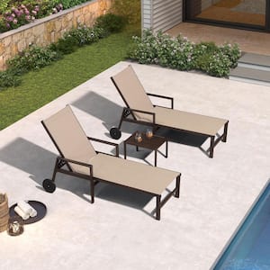 Aluminum Bronze Frame Metal Outdoor Chaise Lounge Chair with Wheels and Armrests Recliner Chair, Marble White
