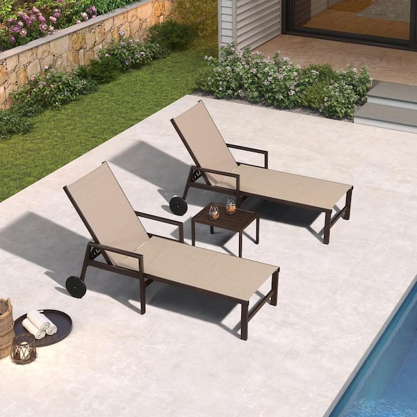 Aluminum Bronze Frame Metal Outdoor Chaise Lounge Chair with Wheels and Armrests Recliner Chair, Marble White