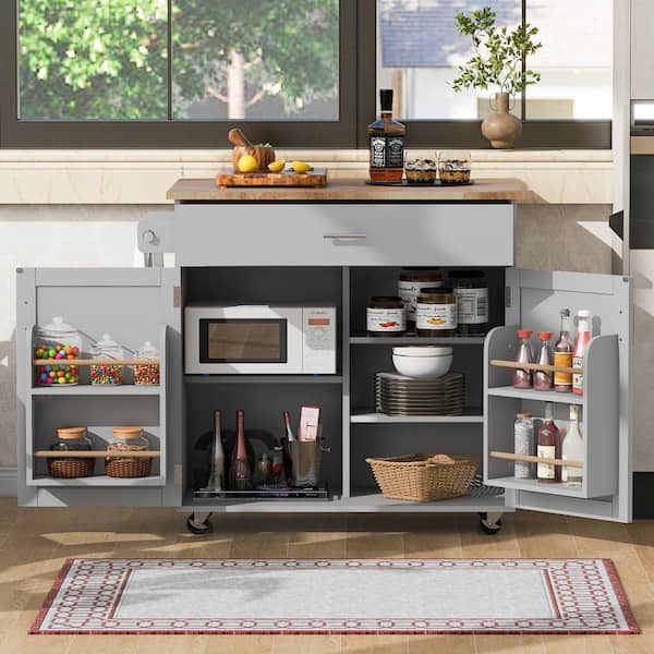 Modern Gray Blue Wood 39 in. Interior Storage Rack Kitchen Island Adjustable Shelves Cart with Compartment Drawer