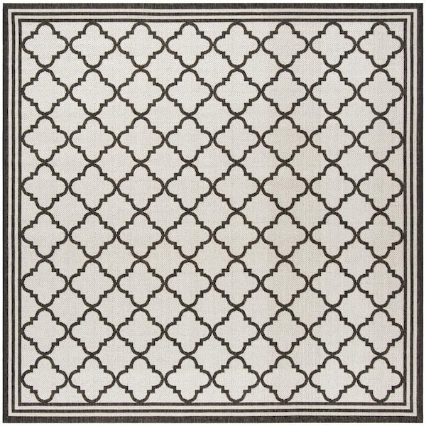 Beach House Light Gray/Charcoal 4 ft. x 4 ft. Border Trellis Indoor/Outdoor Patio  Square Area Rug