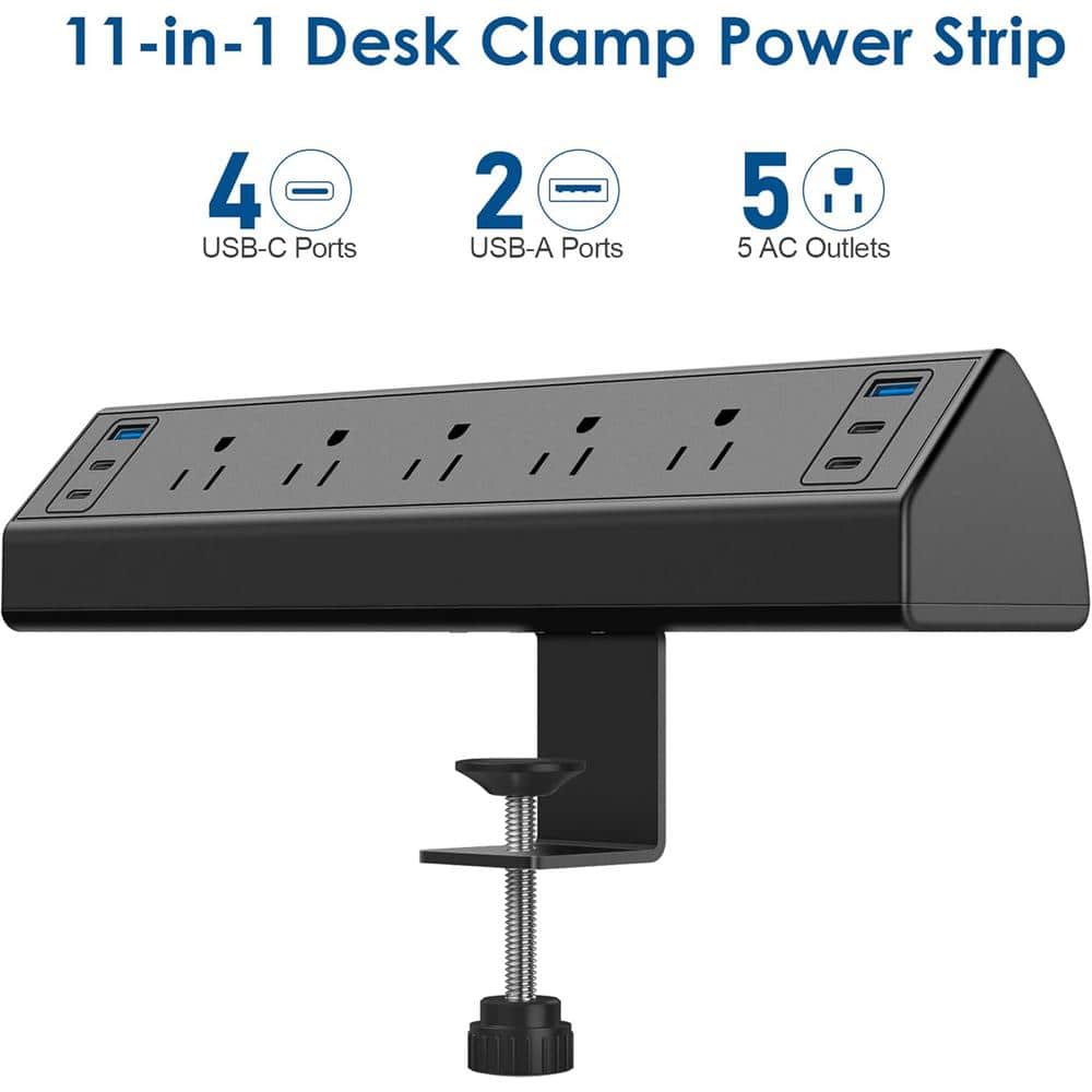 Black Desk Clamp Power Strip with USB-C and 5 AC Outlets