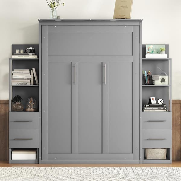 Gray Wood Frame Full Murphy Bed with Shelves, Drawers and LED Lights
