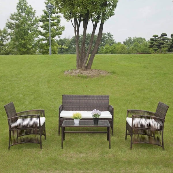 ITOPFOX 4-Piece Brown Outdoor PE Rattan Sectional Sofa Set Patio Conversation Set with Coffee Tables and White Cushions