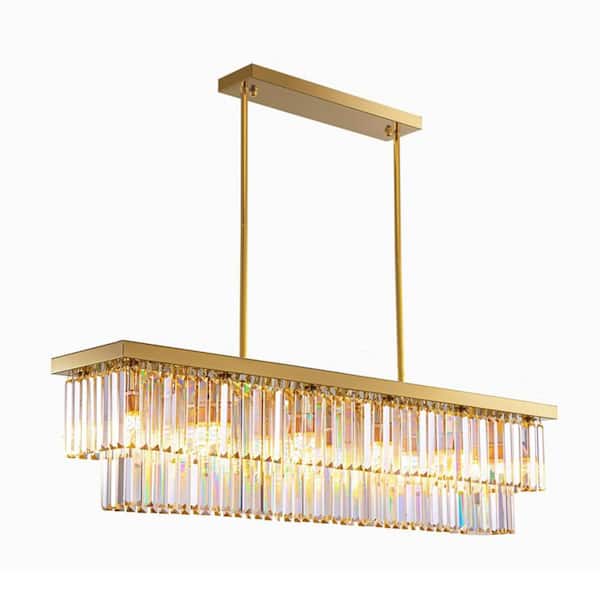 31.5 in. 8-Light Gold 2-Tier Rectangle Crystal Chandelier for Dining Room Modern Linear Pendant Ceiling Light Fixture