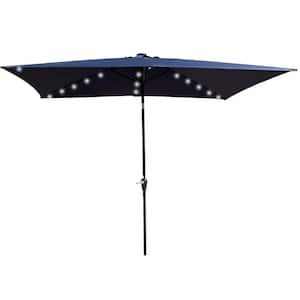 10 ft. x 6.5 ft. Rectangular Aluminum Market Solar LED Lights Push Button Tilt Patio Umbrella in Navy Blue