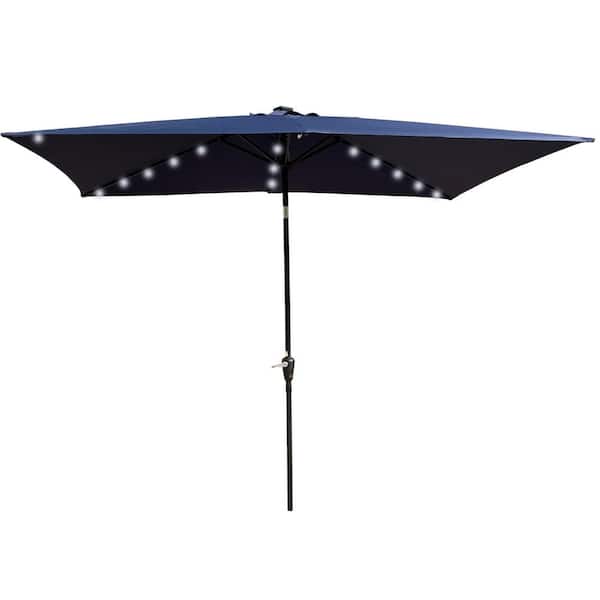 10 ft. x 6.5 ft. Rectangular Aluminum Market Solar LED Lights Push Button Tilt Patio Umbrella in Navy Blue