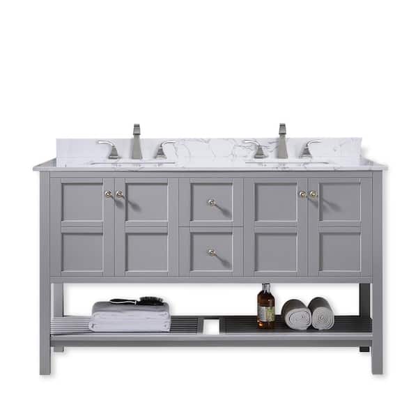 YASINU Seleen 60 in. W x 22 in. D x 39 in. H Double Sinks Freestand Bath Vanity in Gray With Belly White Culture Marble Top