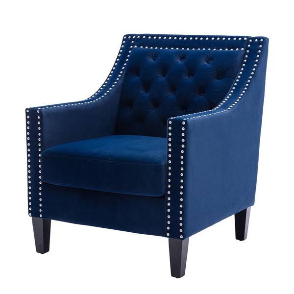 navy tufted accent chair with nailhead trim