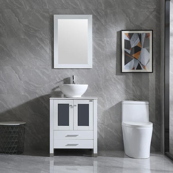 Wonline Wonline 24.5 in. W x 21.7 in. D x 61 in. H Single Sink Bath Vanity in White with Glass Top and Mirror