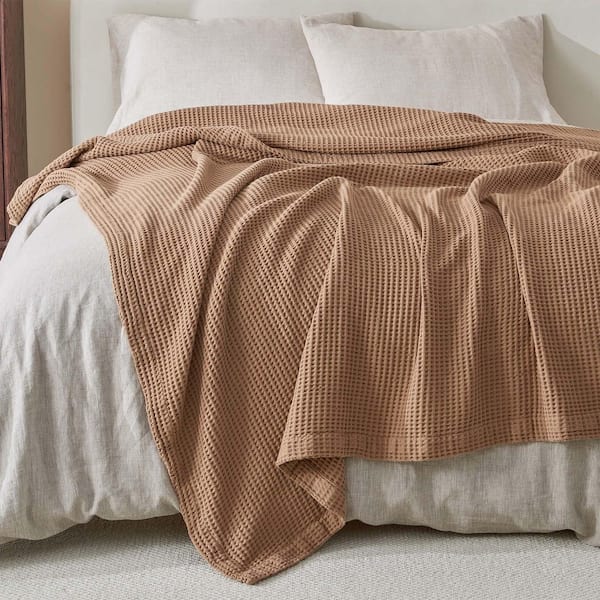 FRESHFOLDS Toffee 100% Cotton Toffee Waffle Weave Throw Blanket