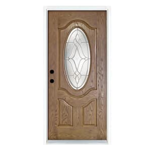 36 in. x 80 in. Distinction Medium Oak Right-Hand Inswing 3/4 Oval Lite Decorative Fiberglass Prehung Front Door
