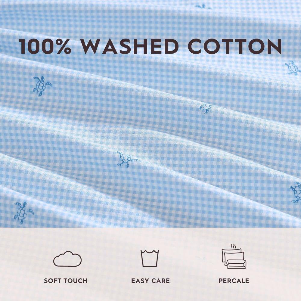Blue Cotton Percale Queen Sheet Set with Turtle Print