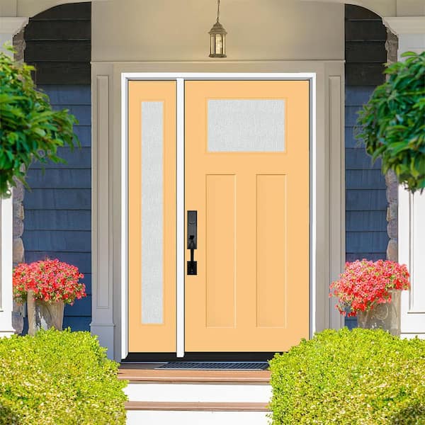 Legacy 53 in. x 80 in. 1/4 Toplite Rain Glass LHOS Primed Jackfruit Finish Fiberglass Prehung Front Door w/14 in. SL