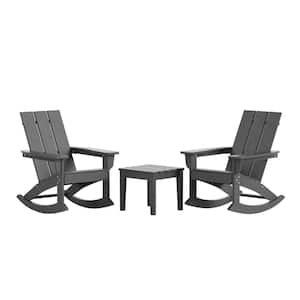 Shoreside Gray HDPE Plastic Modern Rocking Poly Adirondack Chair Set of 2 With Side Table