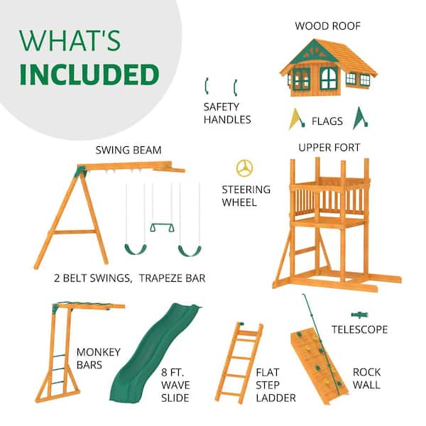 Assembly Included Outing III Treehouse - Outdoor Wooden Playground with Swing Set, Slide and Monkey Bars