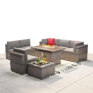 Gray 8-Pcs Wicker Patio Fire Pit Sectional Seating Set with Gray Cushions, 44 in Fire Pit Coffee Table and Table Cover