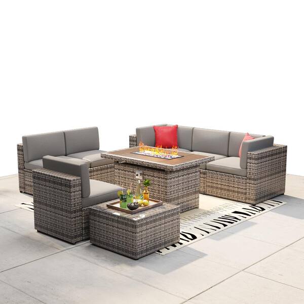 Sizzim Gray 8Pcs Wicker Patio Fire Pit Sectional Seating Set with Gray
