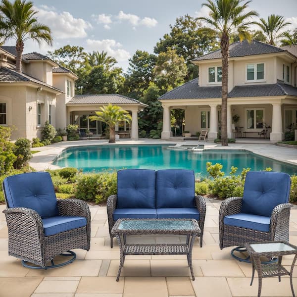 moosprr Flatarmrest 5-Piece Brown Wicker Patio Conversation Set with Olefin Blue Cushion/Loveseat/Patio Swivel Glider Chairs