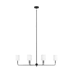 Foxdale 6-Light Midnight Black Linear Chandelier with White Linen Fabric Shades