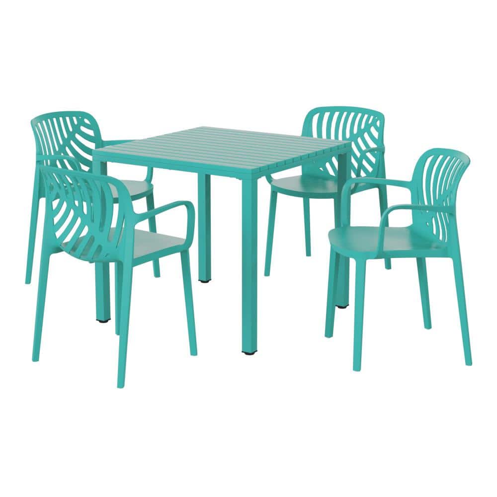 Frond&Form Outdoor Patio Modern 5-Piece Dining Set w/ Square Metal Frame Table and Stackable Plastic Chairs, Turquoise price history on PriceWatchPro