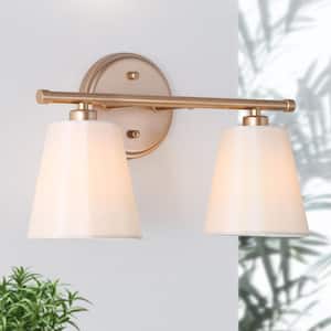 Modern Gold Bathroom Vanity Light,14.6 in. 2-Light Farmhouse Wall Sconce with Fabric Shades