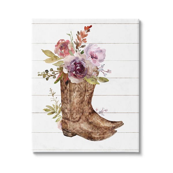 The Stupell Home Decor Collection Country Floral Boots Arrangement Design By Nina Blue Unframed Nature Art Print 30 in. x 24 in.