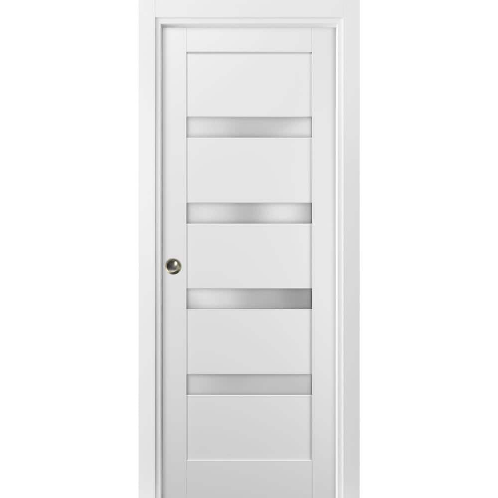 White Silk Solid Core Pocket Door with Frosted Glass Panel