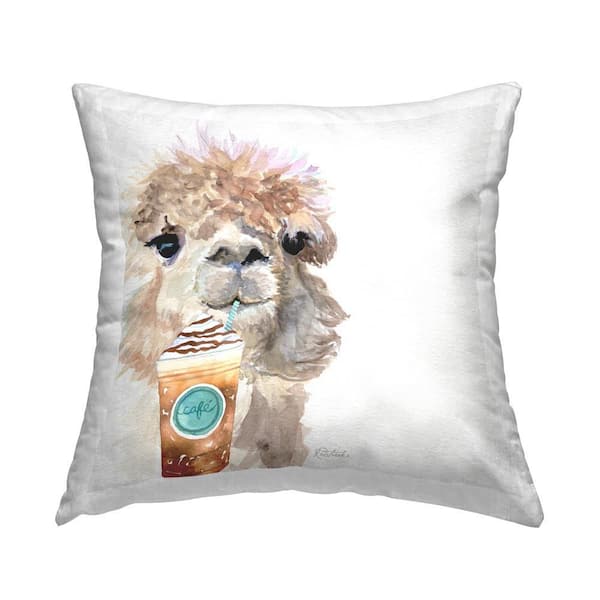Stupell Industries Alpaca Sipping Latte Beige Print Polyester 18 in. x 18 in. Throw Pillow