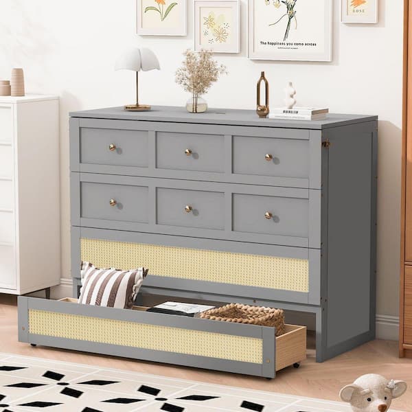 Qualler Gray Wood Frame Full Size Murphy Bed with Large Drawers ...
