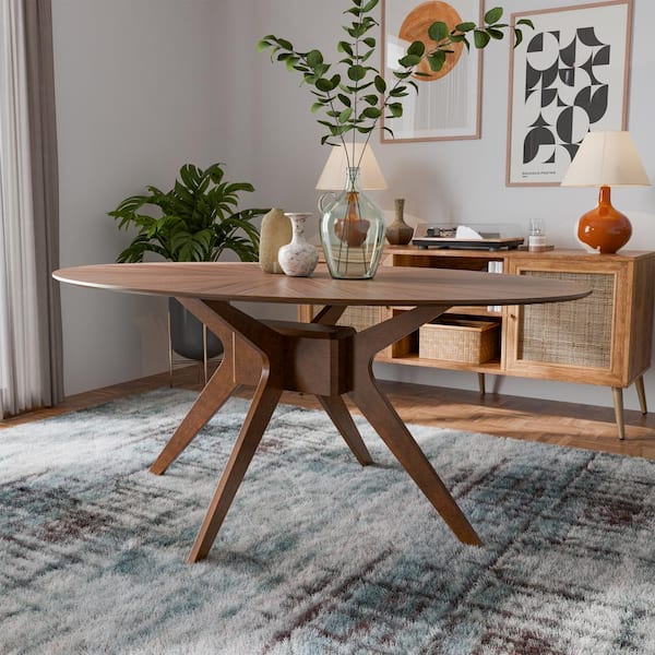 Furniture of America Pearlcrest Mid Century Modern Walnut Wood 70.8 in. 4 Leg Oval Dining Table Seats 4