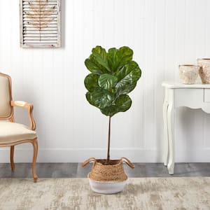 4 ft. Fiddle Leaf Artificial Tree Boho Chic Handmade Cotton and Jute White Woven Planter UV Resistant (Indoor/Outdoor)