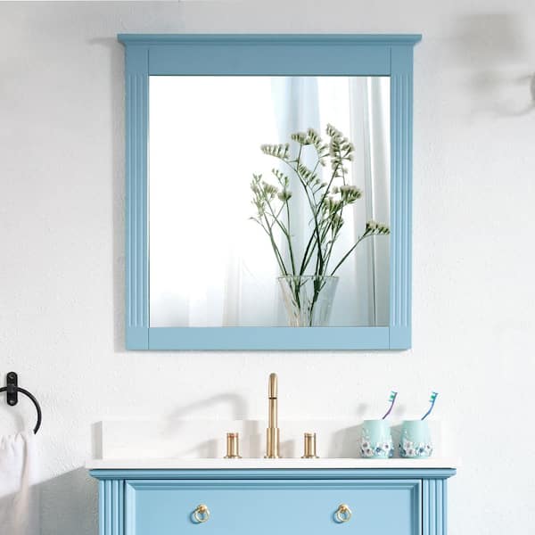 ANGELES HOME 32 in. W x 33 in. H Rectangular Solid Wood Framed Wall Mounted Moisture-proof Bathroom Vanity Mirror in Blue,Easy Hang