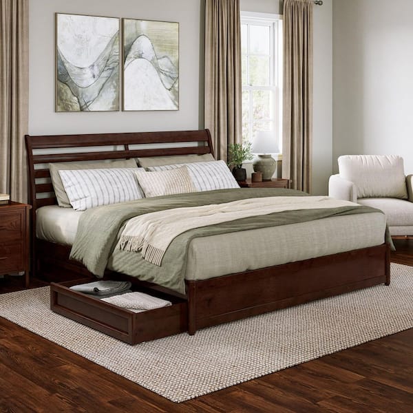 Emelie Walnut Brown Solid Wood Frame King Platform Bed with Panel Footboard and Storage Drawers
