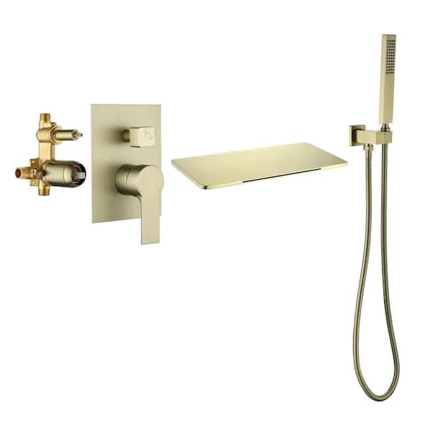 AIMADI Single-Handle Wall-Mount Roman Tub Faucet with Hand Shower Waterfall 3 Hole Brass Tub Fillers in Brushed Gold